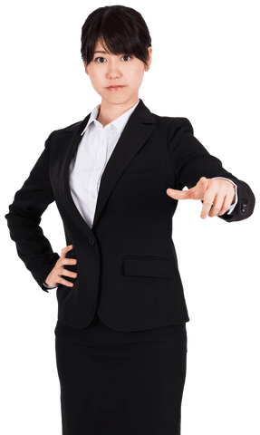 Confident Asian Businesswoman Pointing on Transparent