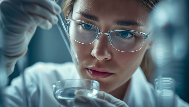 Close-up female scientist pipetting sample into petri dish for precision laboratory testing