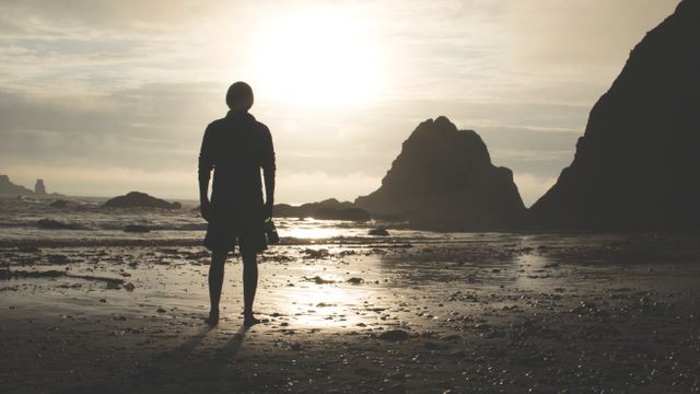 Silhouette of man standing on rocky beach during sunset, emphasizing tranquility and solitude. Sun setting behind large rocks with ocean in background. Useful for themes of solitude, contemplation, natural beauty, and outdoor lifestyle.