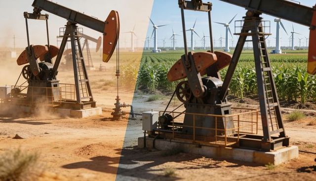 Pumpjack pumping beside corn rows and wind turbines showing energy transition contrast