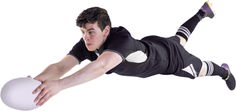 Male Rugby Player Diving to Score Try on Transparent Background