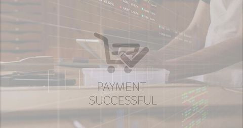 Showing payment successful overlay on retail checkout counter with pos terminal and fulfillment