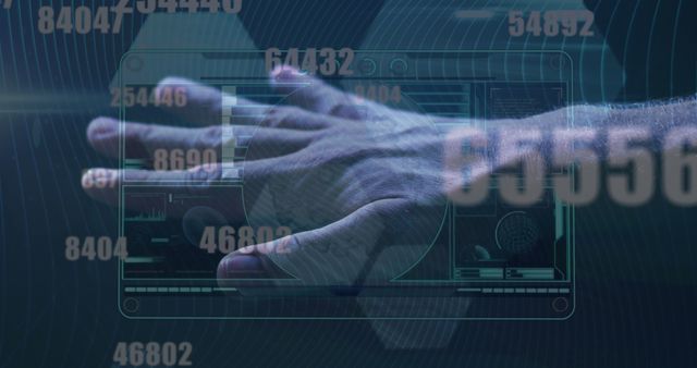 Multiple changing numbers over digital interface against human hand scanning over biometric scanner. computer interface and cyber security technology concept