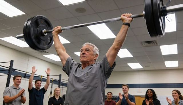 Senior man lifting olympic barbell overhead wearing grey scrub top while group of adults cheering