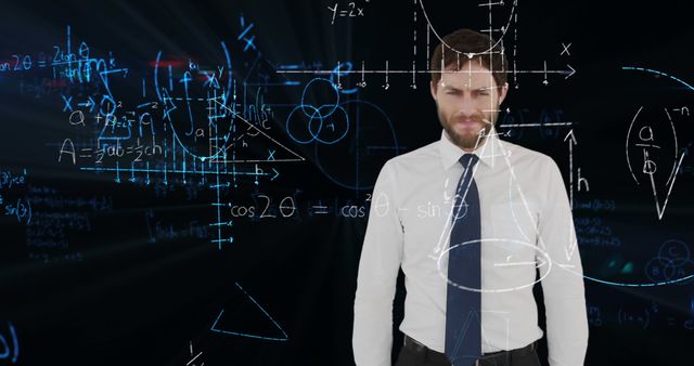 Businessman wearing white shirt and blue tie, standing against dark background with mathematical equations and formulas. Useful for illustrating concepts of mathematics, engineering, problem-solving, innovation, and education in presentations, websites, and educational materials.