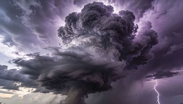 Towering purple supercell cumulonimbus with lightning and swirling updraft over plains