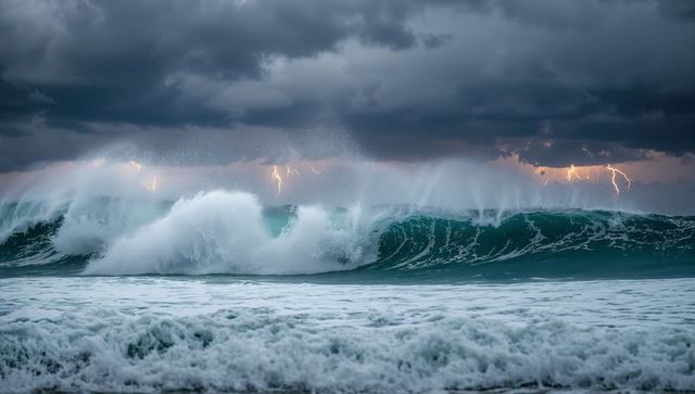 Dramatic Ocean Waves with Stormy Skies and Lightning Strikes