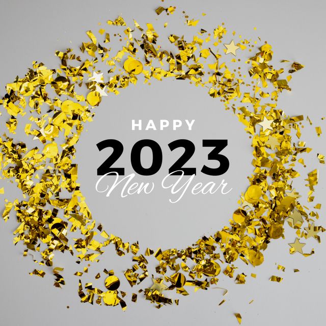 Square image of happy new 2023 year and confetti on grey background. New year, tradition, party and celebration concept.