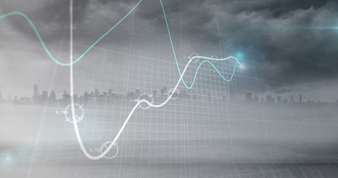 Foggy waterfront financial trend lines tracking market volatility over skyline
