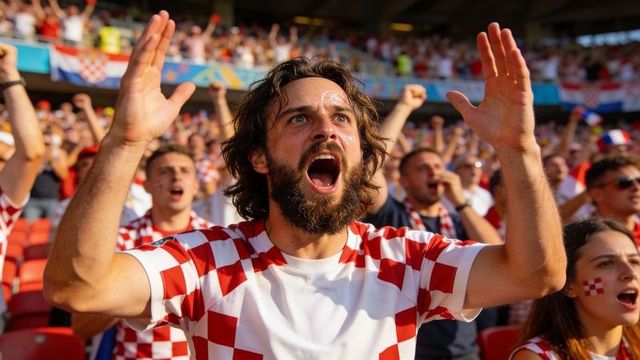 Passionate croatian fan cheering and raising arms in stadium crowd