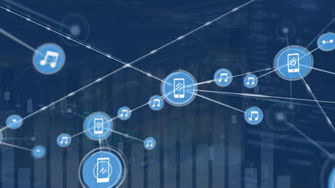 Digital Connectivity with Mobile and Music Icons Over Data Visualization