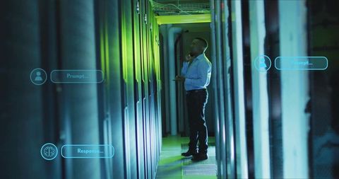 IT Technician Using Phone Checking Servers in Neon Data Center with Holographic Overlay