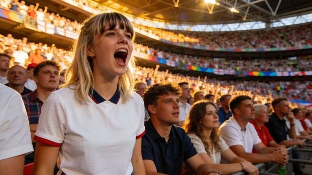 Blonde fan shouting and cheering in front row at packed stadium during intense matchday