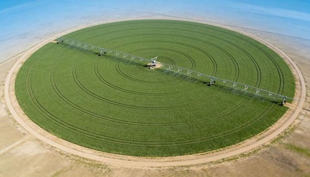 Center pivot irrigation system irrigating circular crop field from aerial perspective