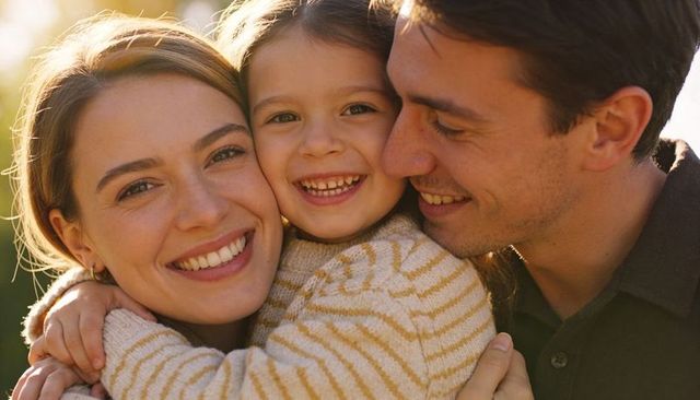 Smiling family embracing in golden hour close-up, child between parents, warm backlight