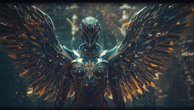 Futuristic Winged Cybernetic Warrior in Glistening Armor
