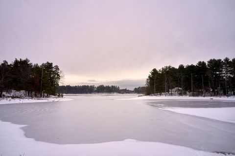 Winter lake at pastel sunrise with frozen surface, snow-covered shore and pine forest