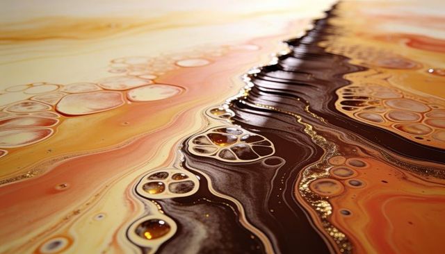 Golden marbling flow with dark central vein, glossy cells and metallic gold flakes