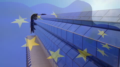 European Union Flag Superimposed on Modern Office Skyscraper