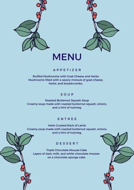 Elegant gourmet menu with floral design featuring a delectable selection of dishes. Use for upscale restaurants, catering services, special events, or weddings.