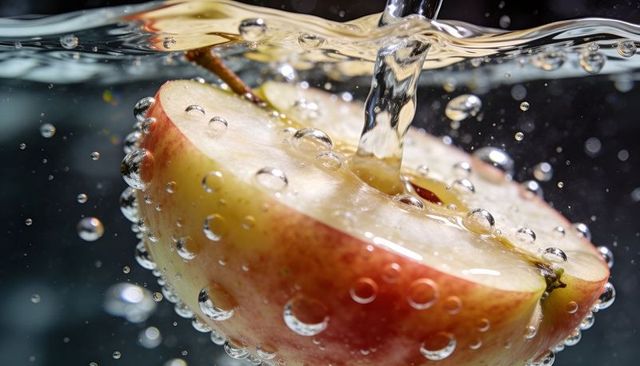 Pouring water creating bubbles and ripples on halved red apple macro closeup studio