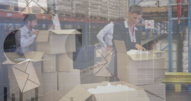 Image of financial data processing and envelope icons over diverse workers in warehouse. Global shipping, delivery and digital interface concept digitally generated image.