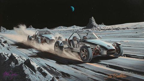 Racing open-frame lunar buggy kicking up regolith across moon plain under starfield