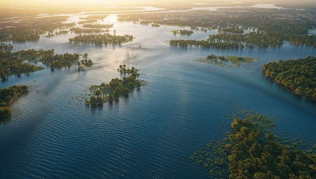Aerial panorama capturing sunlit floodplain with scattered islets reflecting golden light