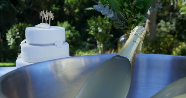 Close up of wedding cake with mr and mrs text and cold champagne in garden. Wedding, celebration, nature and drink.
