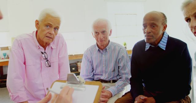 Senior Caucasian and African American men are engaged in a discussion, with a healthcare professional out of frame. Their attentive expressions suggest a serious conversation, about health or planning matters.