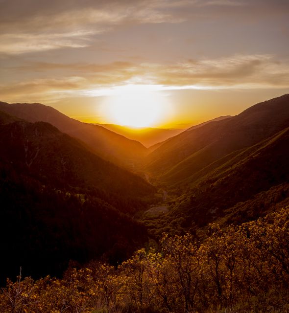 This scenic view captures the serene beauty of a sunset casting golden light over a vast mountain valley. Ideal for use in travel brochures, nature blogs, desktop wallpapers, and meditation apps highlighting tranquility and the beauty of natural landscapes. Perfect for conveying peacefulness, connection with nature, and the serenity of untouched wilderness.