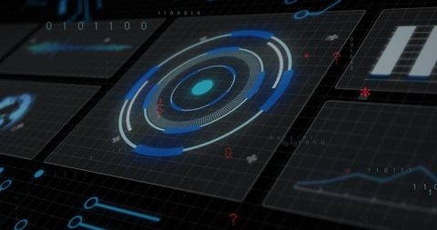 Futuristic Circular HUD Interface Pulsing Radial Data on Dark Grid Plane with Neon Cyan