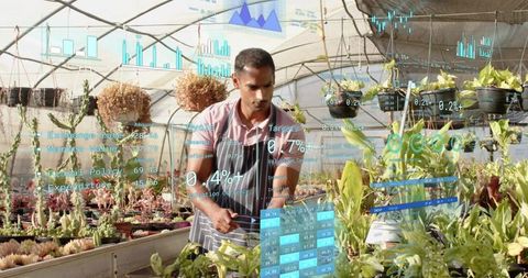 Asian horticulturist inspecting succulents in greenhouse with AR analytics and crop data