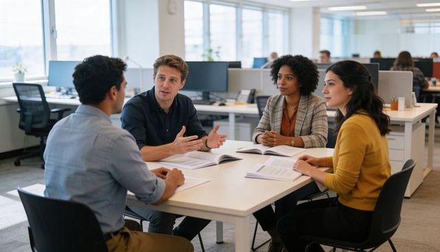 Four colleagues discussing project strategy around white table in modern open-plan office