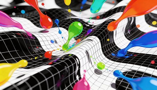 Glossy neon paint droplets splashing across wavy black-and-white grid surface
