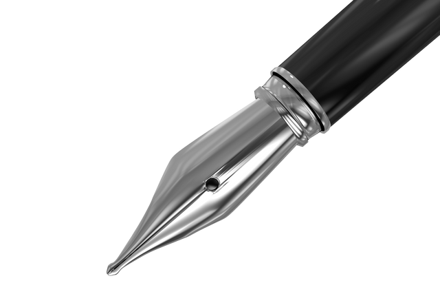 Close-up view of a sophisticated fountain pen with black body and shiny metal nib, perfect for academic and professional use. Great for business presentations, writing blogs, education materials, and stationery websites.