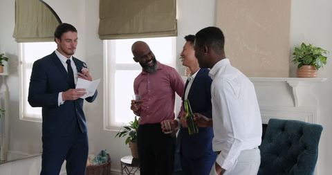 Groom recites heartfelt speech with friends in elegant wedding reception