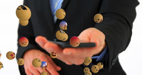 Business Professional Holding Phone with Floating Emojis