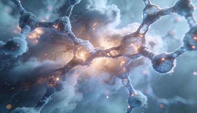 Pulsing neural network with glowing synapses and shimmering filament connections nebula