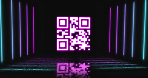Neon QR Code with Futuristic Reflection in Virtual Space