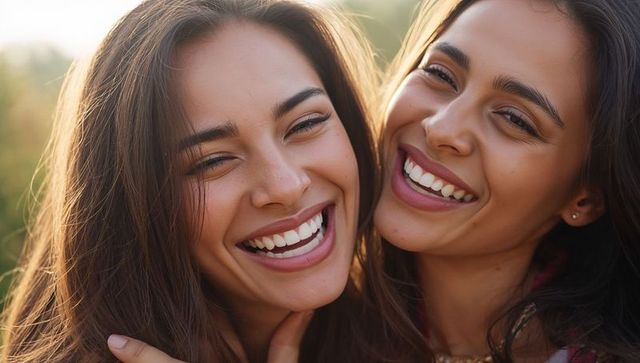 Smiling women leaning cheek-to-cheek during golden hour outdoor portrait, friendship