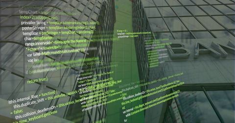 Glass skyscraper facade reflecting green code overlay and bn signage, urban double exposure