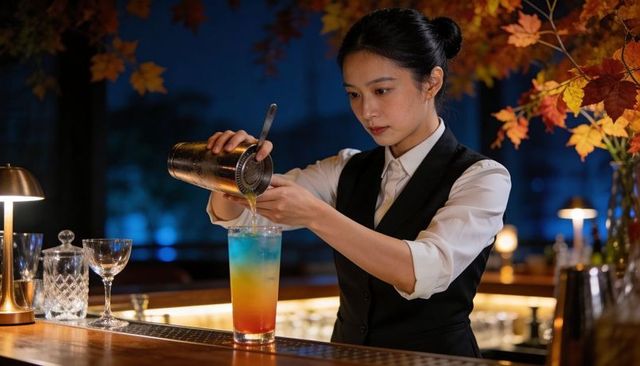 Female bartender pouring layered rainbow cocktail with shaker and strainer in bar ambience