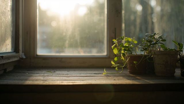 Sunlit Rustic Windowsill with Trailing Potted Vines on Weathered Wood