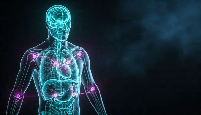 Translucent human anatomy with glowing brain, heart and neural nodes on dark background
