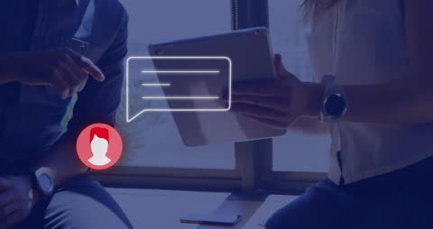 Digital Business Discussion with Media Icons Overlay