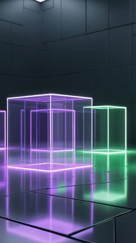 Vertical Cyberpunk Chamber Rotating Neon Cubes Pulsating Outlines Futuristic Tech Loop