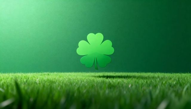 Floating four-leaf clover cutout hovering over lush grass minimal green backdrop