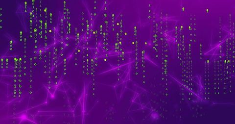Binary digits with purple network nodes in futuristic cyberspace