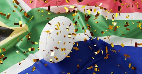 South African Flag with Rugby Ball and Festive Confetti